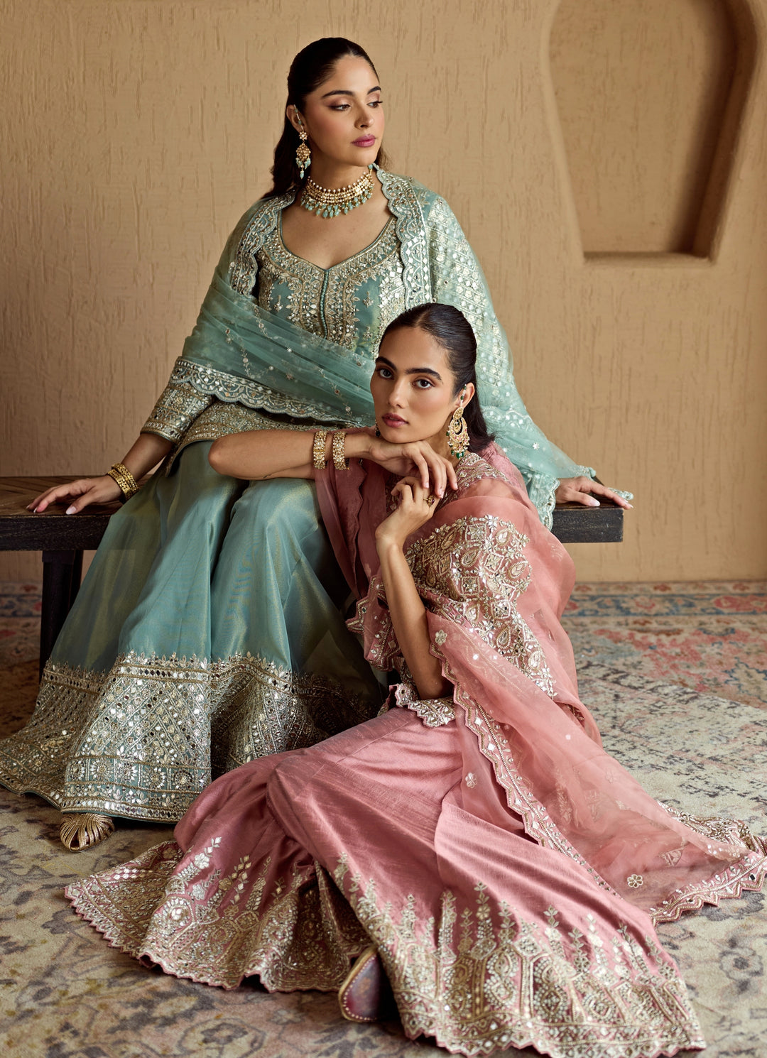 Pink Mirror Embroidered Silk Kurta Sharara Set
