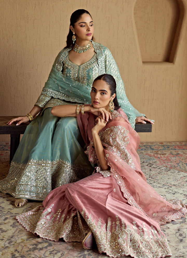 Pink Mirror Embroidered Silk Kurta Sharara Set