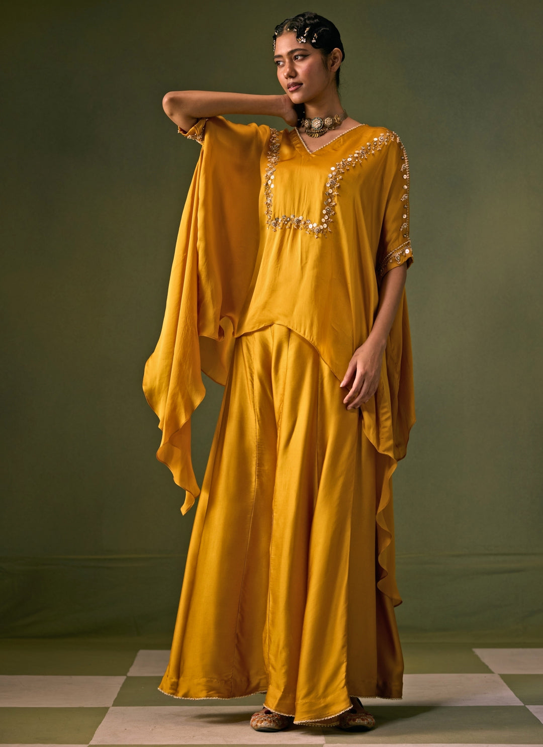 Yellow Satin Flared Pants Set With Asymmetric Top