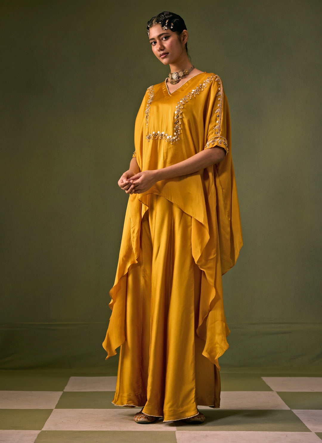 Yellow Satin Flared Pants Set With Asymmetric Top