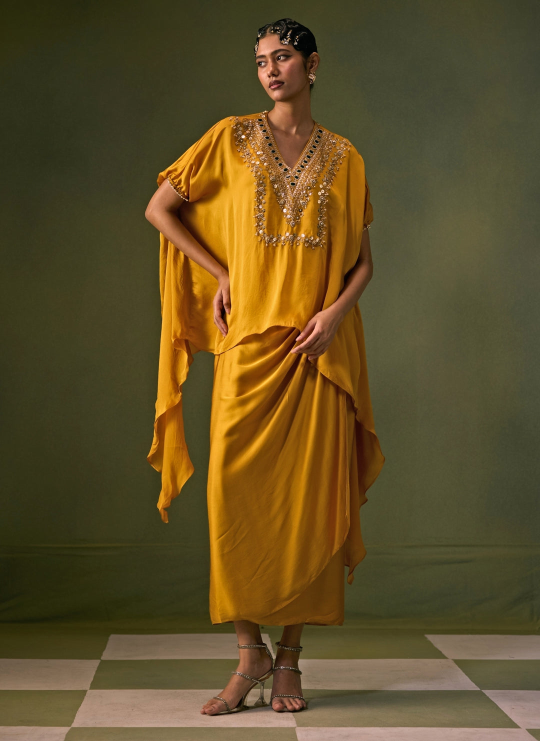 Yellow Satin Asymmetric Top With Drape Skirt Set