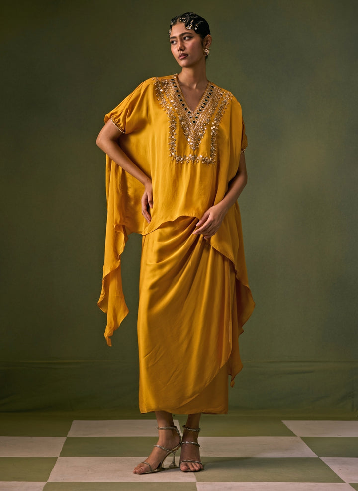 Yellow Satin Asymmetric Top With Drape Skirt Set