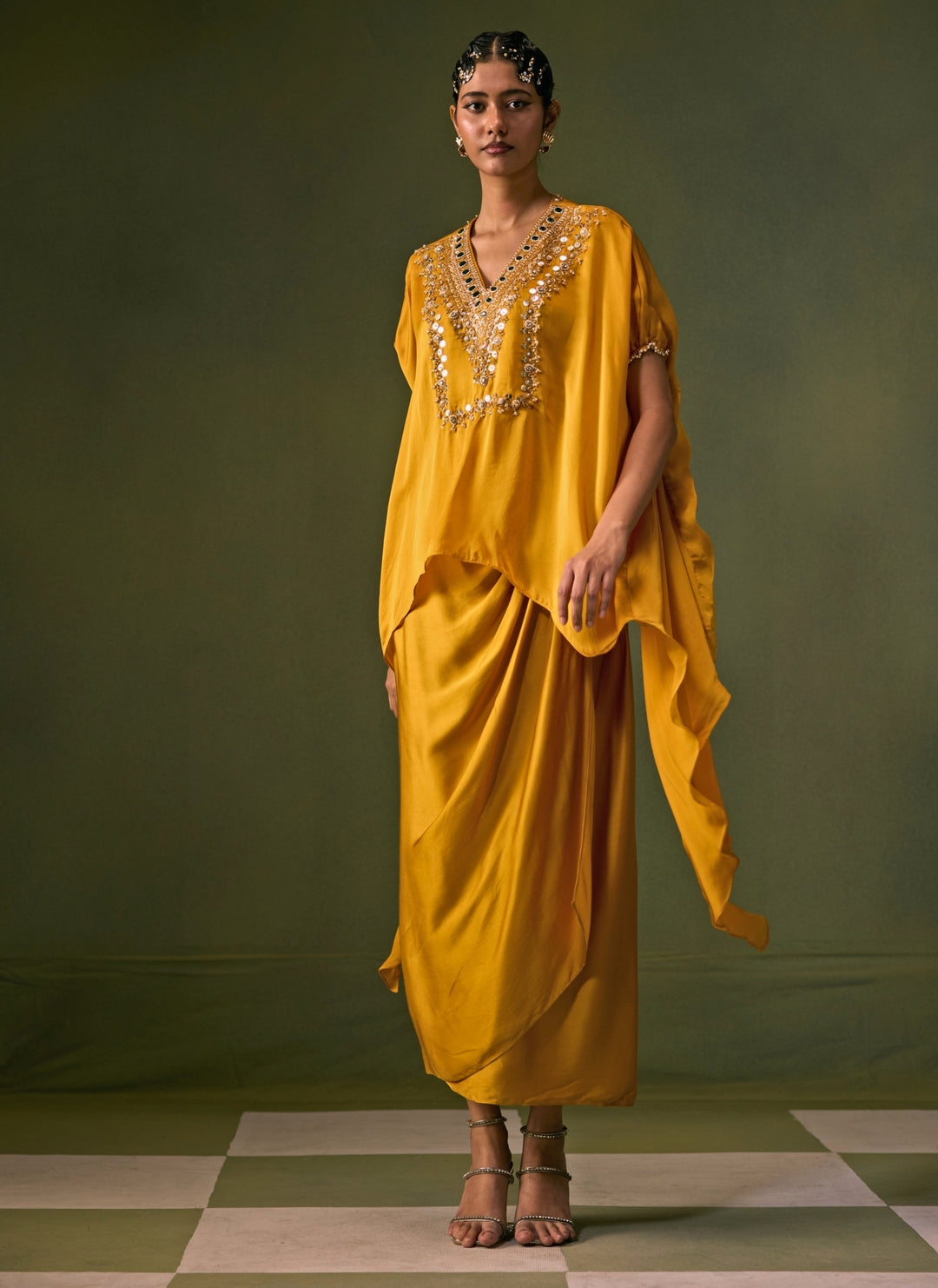 Yellow Satin Asymmetric Top With Drape Skirt Set