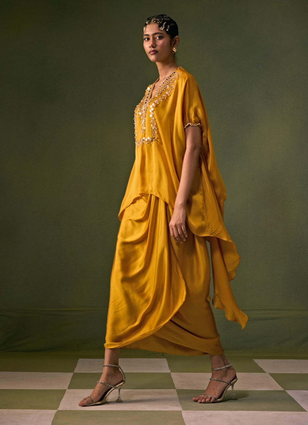 Yellow Satin Asymmetric Top With Drape Skirt Set