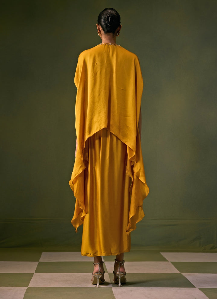 Yellow Satin Asymmetric Top With Drape Skirt Set