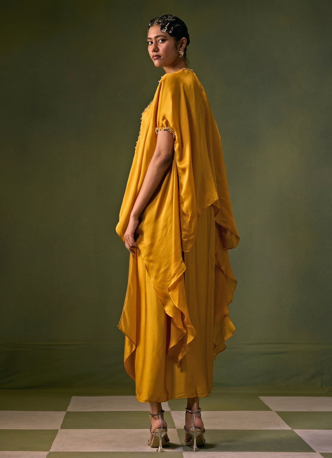 Yellow Satin Asymmetric Top With Drape Skirt Set