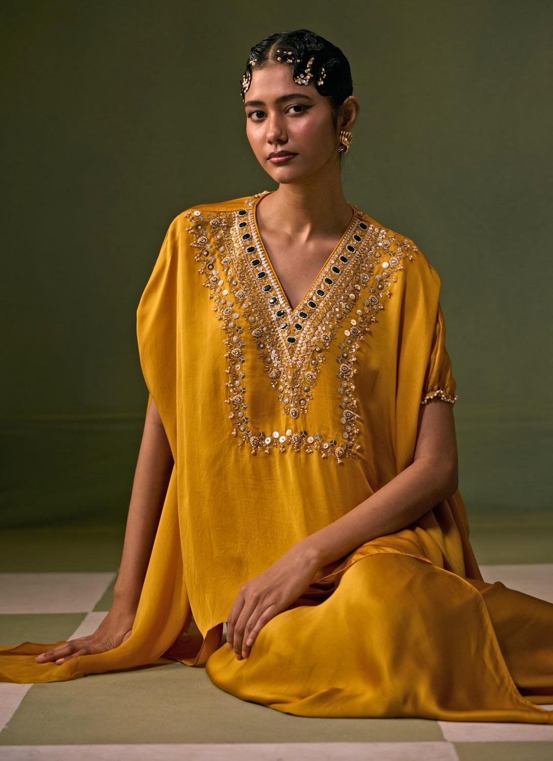 Yellow Satin Asymmetric Top With Drape Skirt Set