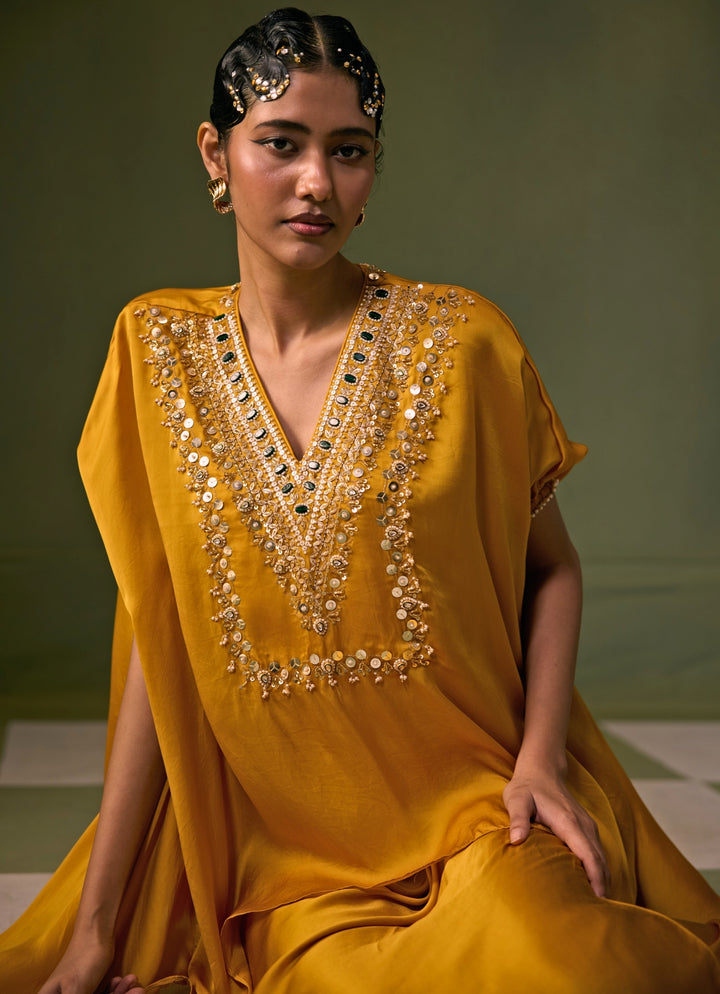Yellow Satin Asymmetric Top With Drape Skirt Set