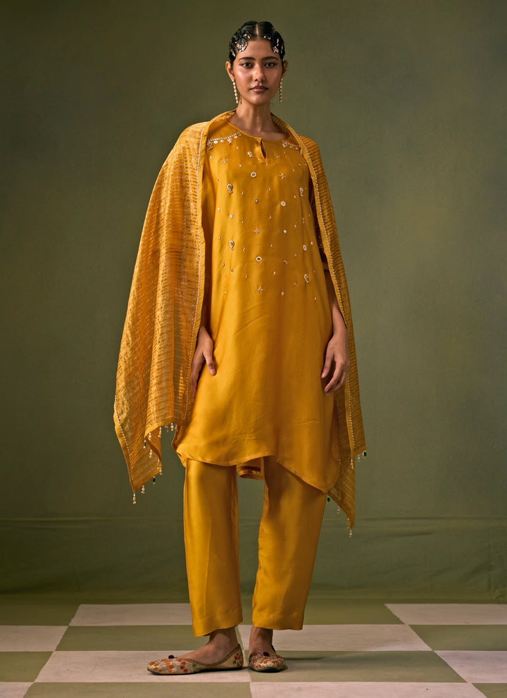 Yellow Satin Kurta Pants Set