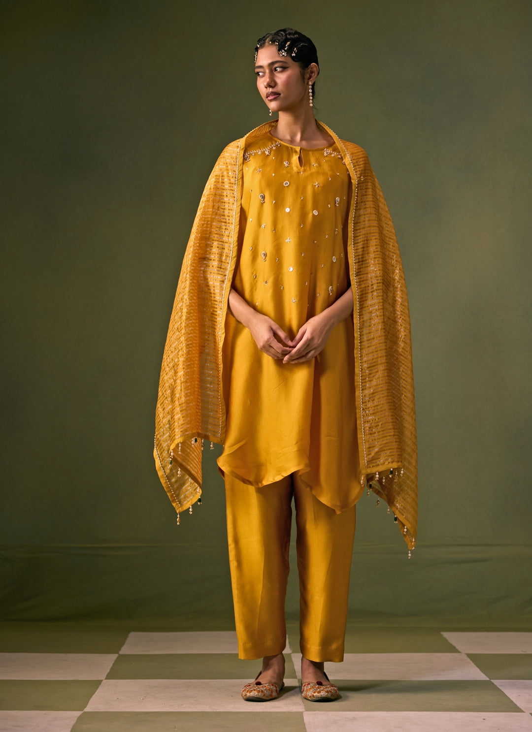 Yellow Satin Kurta Pants Set