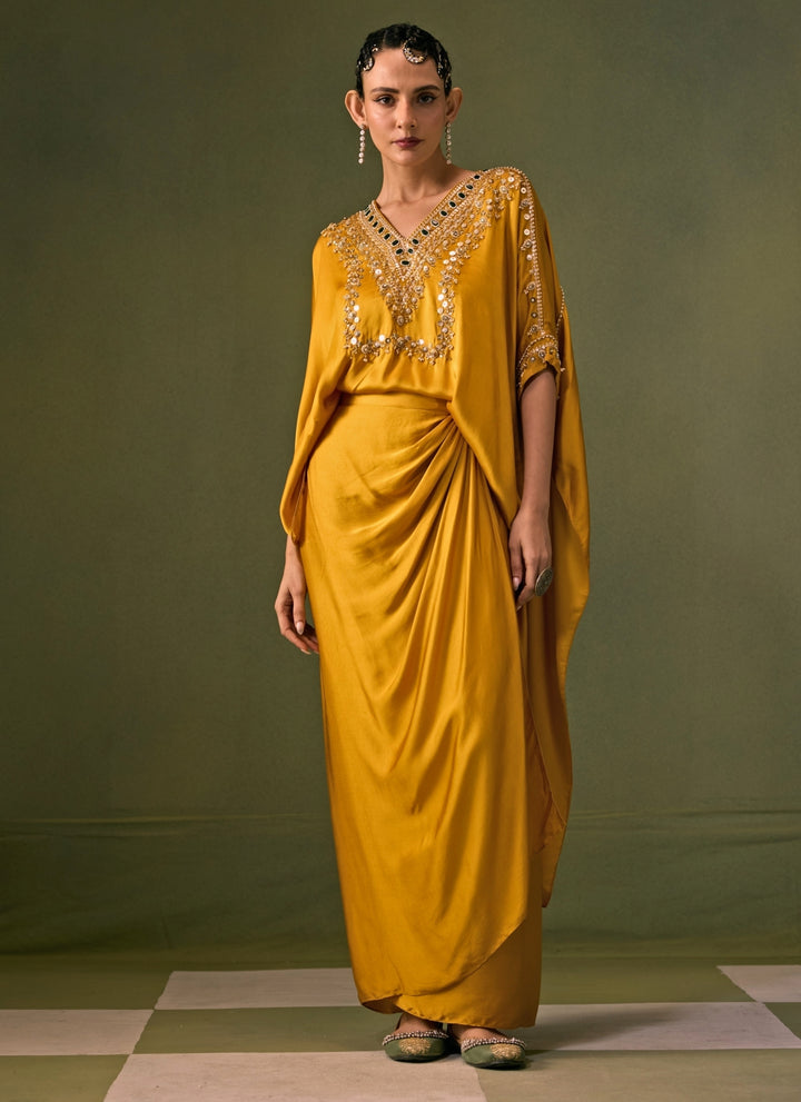 Yellow Satin Drape Skirt Set