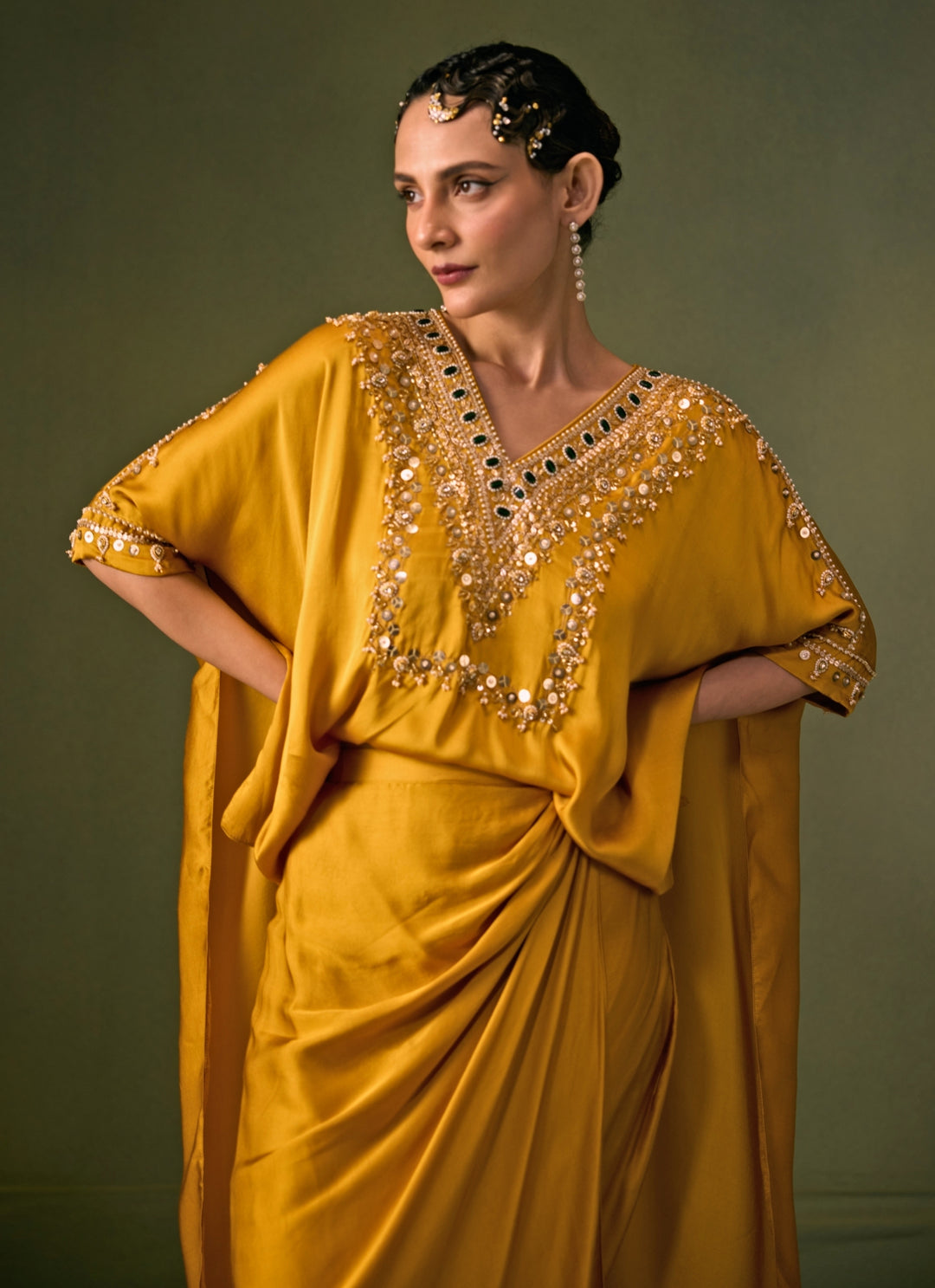 Yellow Satin Drape Skirt Set