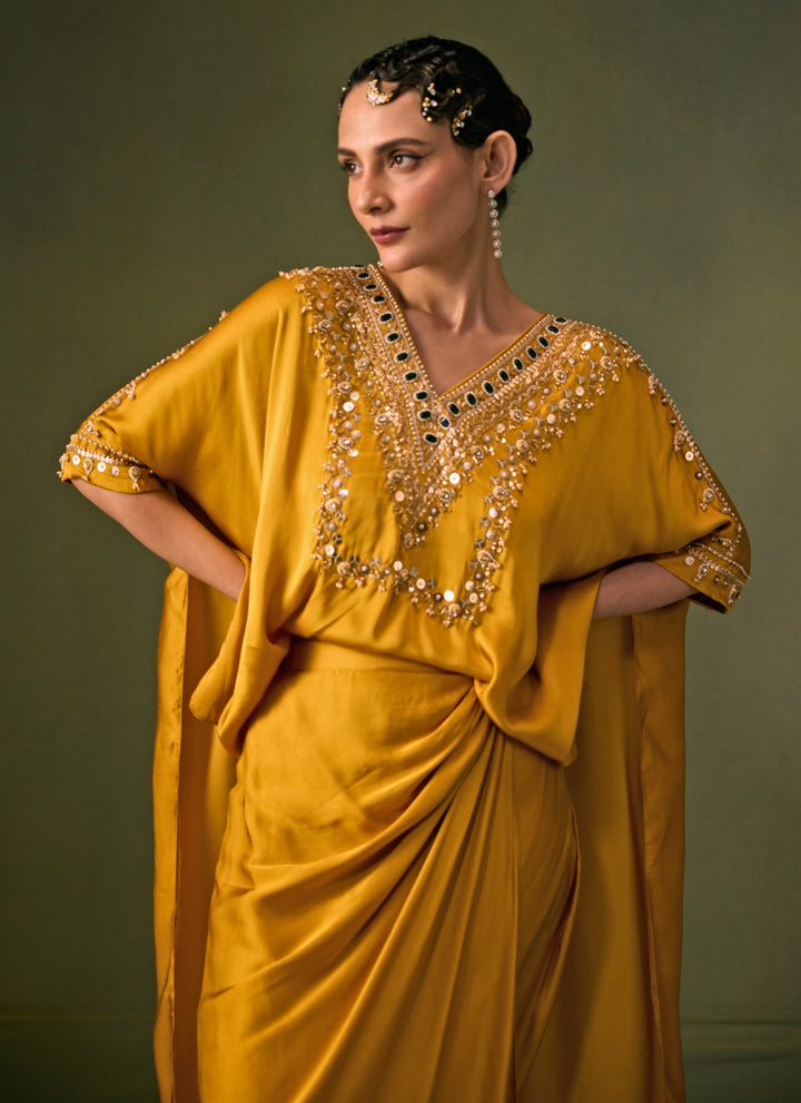Yellow Satin Drape Skirt Set