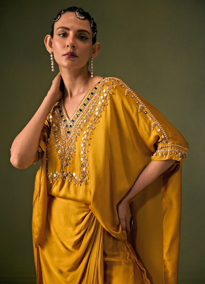 Yellow Satin Drape Skirt Set