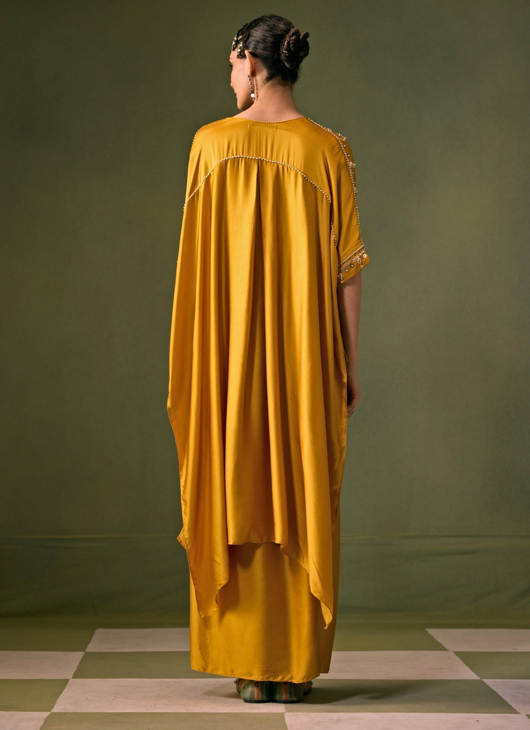 Yellow Satin Drape Skirt Set