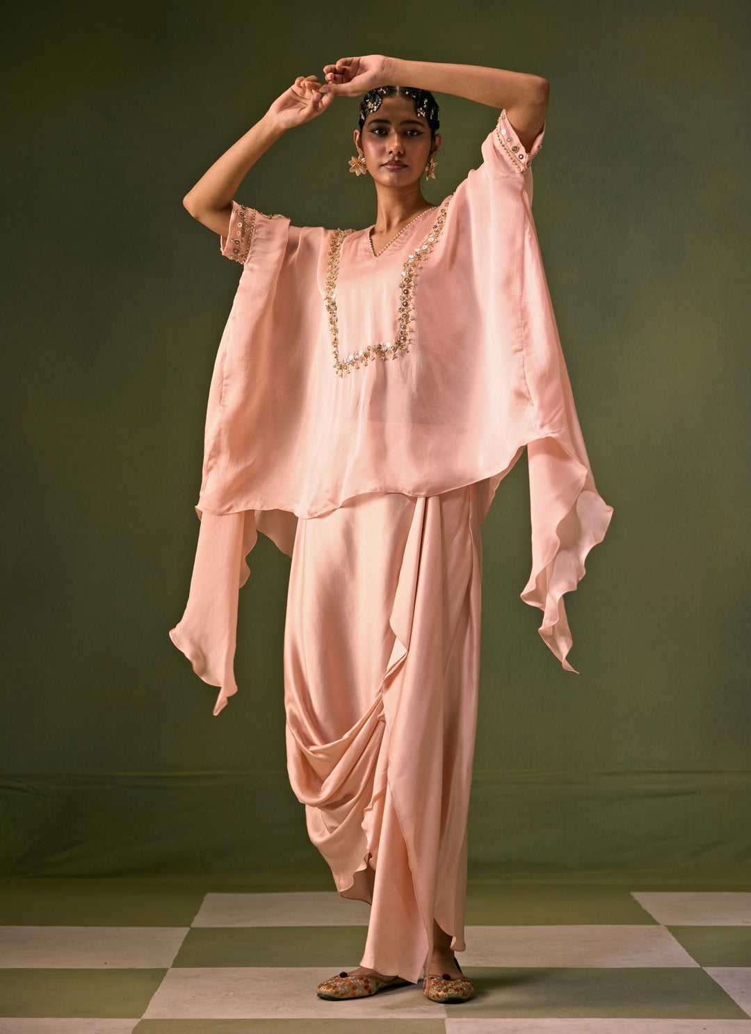 Pastel Pink Satin Cowl Skirt With Asymmetric Top