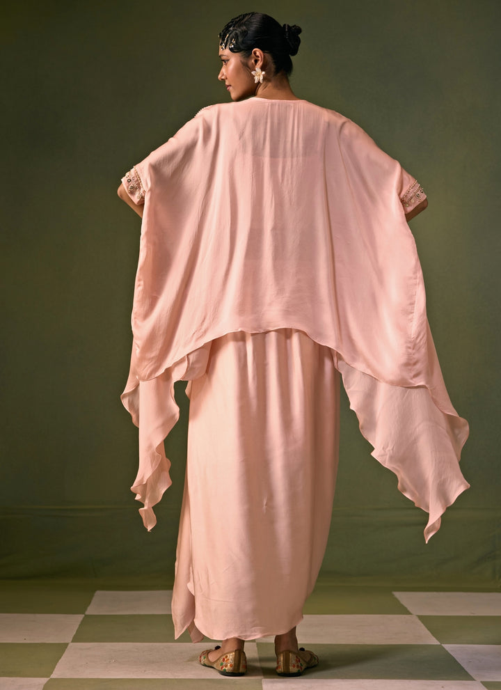 Pastel Pink Satin Cowl Skirt With Asymmetric Top
