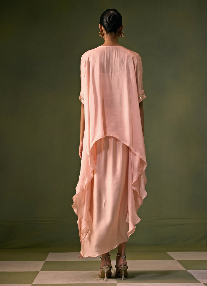 Pastel Pink Satin Cowl Skirt With Asymmetric Top