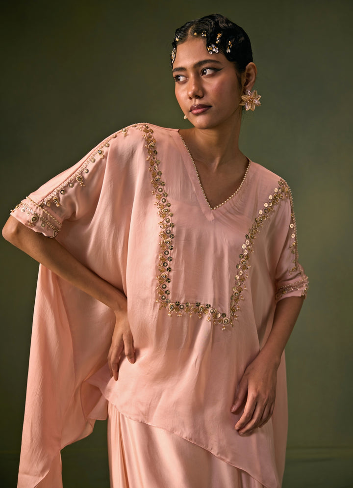 Pastel Pink Satin Cowl Skirt With Asymmetric Top