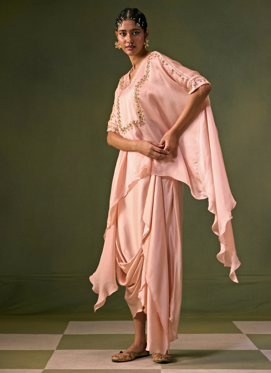 Pastel Pink Satin Cowl Skirt With Asymmetric Top