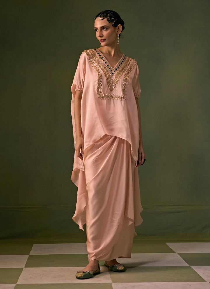 Pastel Pink Satin Wrap Skirt Set With Asymmetric Top