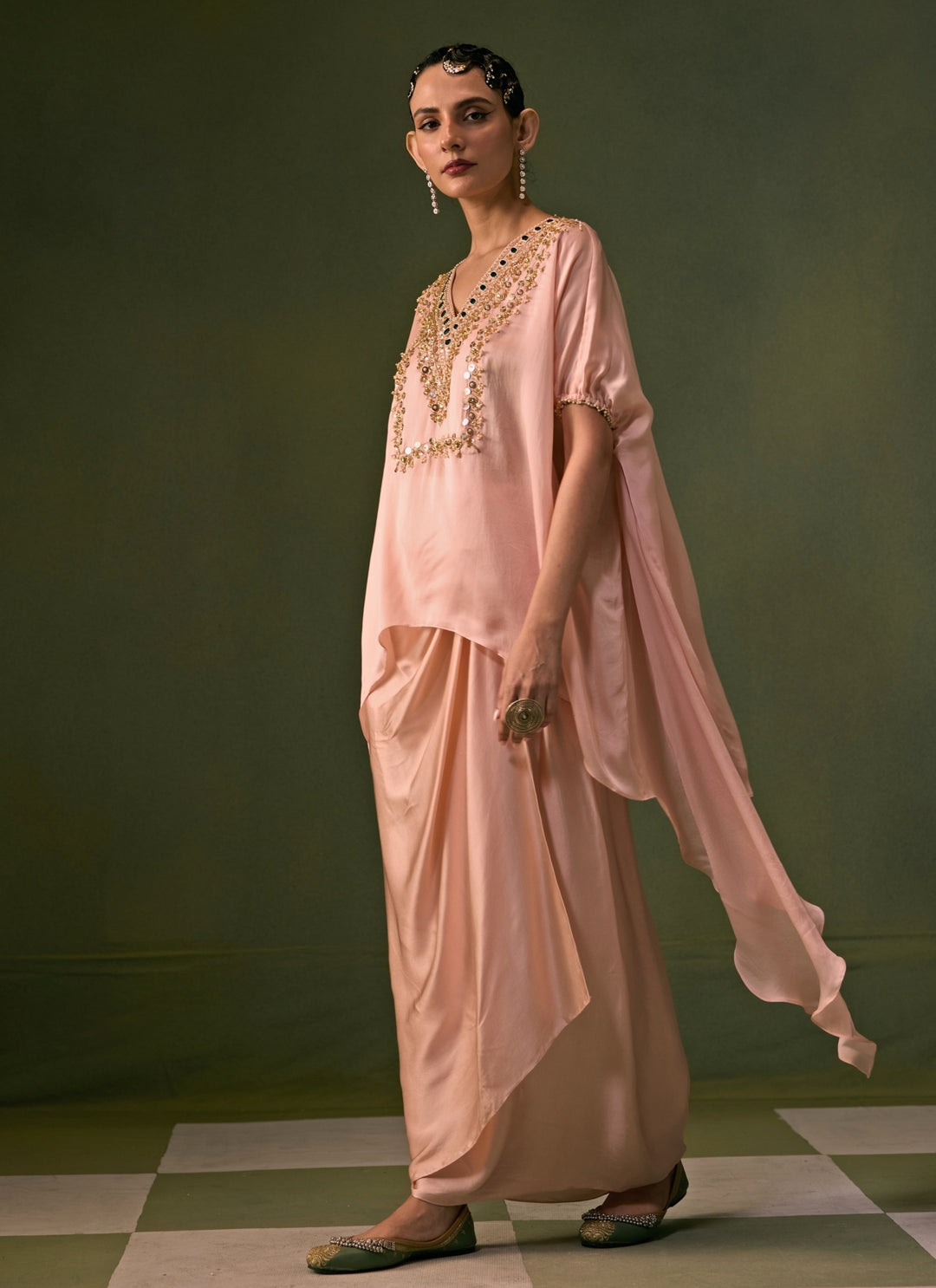 Pastel Pink Satin Wrap Skirt Set With Asymmetric Top