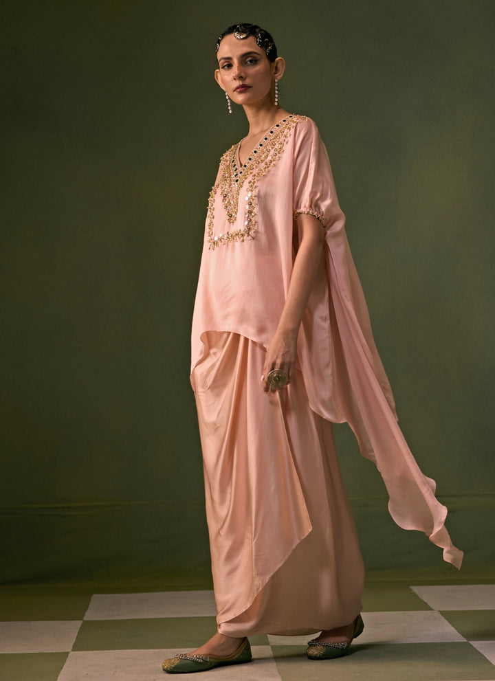 Pastel Pink Satin Wrap Skirt Set With Asymmetric Top