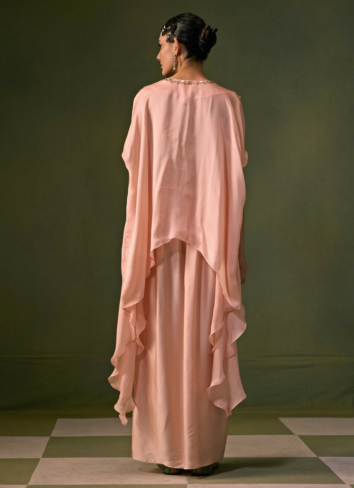 Pastel Pink Satin Wrap Skirt Set With Asymmetric Top