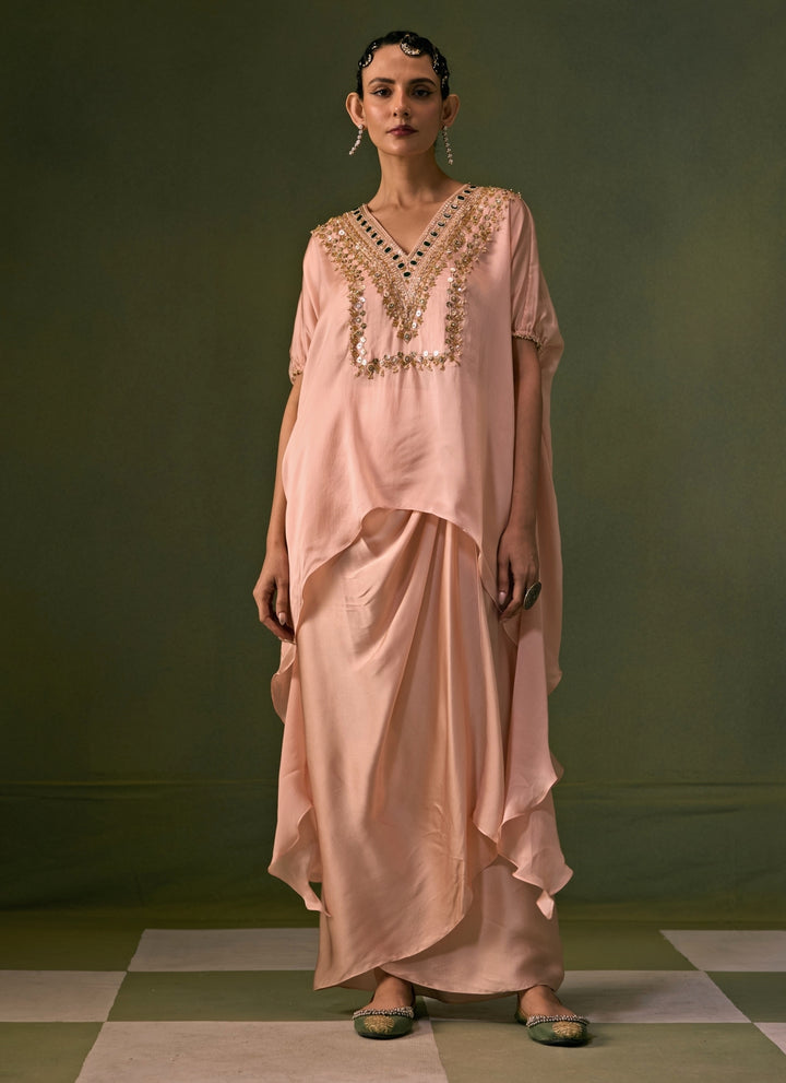 Pastel Pink Satin Wrap Skirt Set With Asymmetric Top