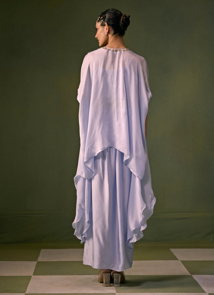 Ice Blue Satin Wrap Skirt Set With Asymmetric Top