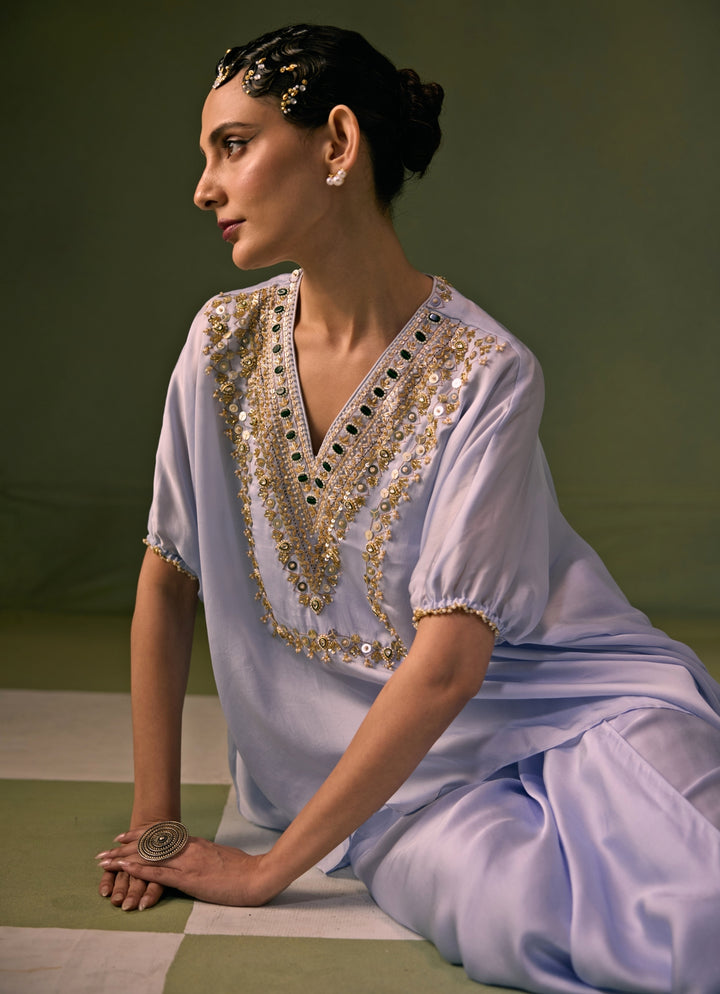 Ice Blue Satin Wrap Skirt Set With Asymmetric Top