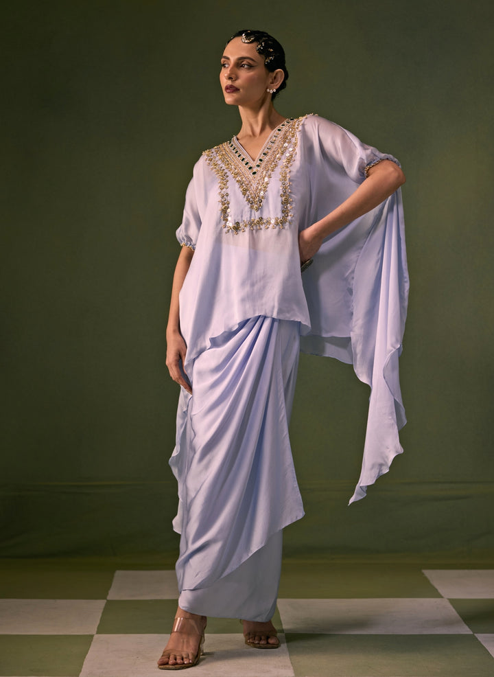 Ice Blue Satin Wrap Skirt Set With Asymmetric Top