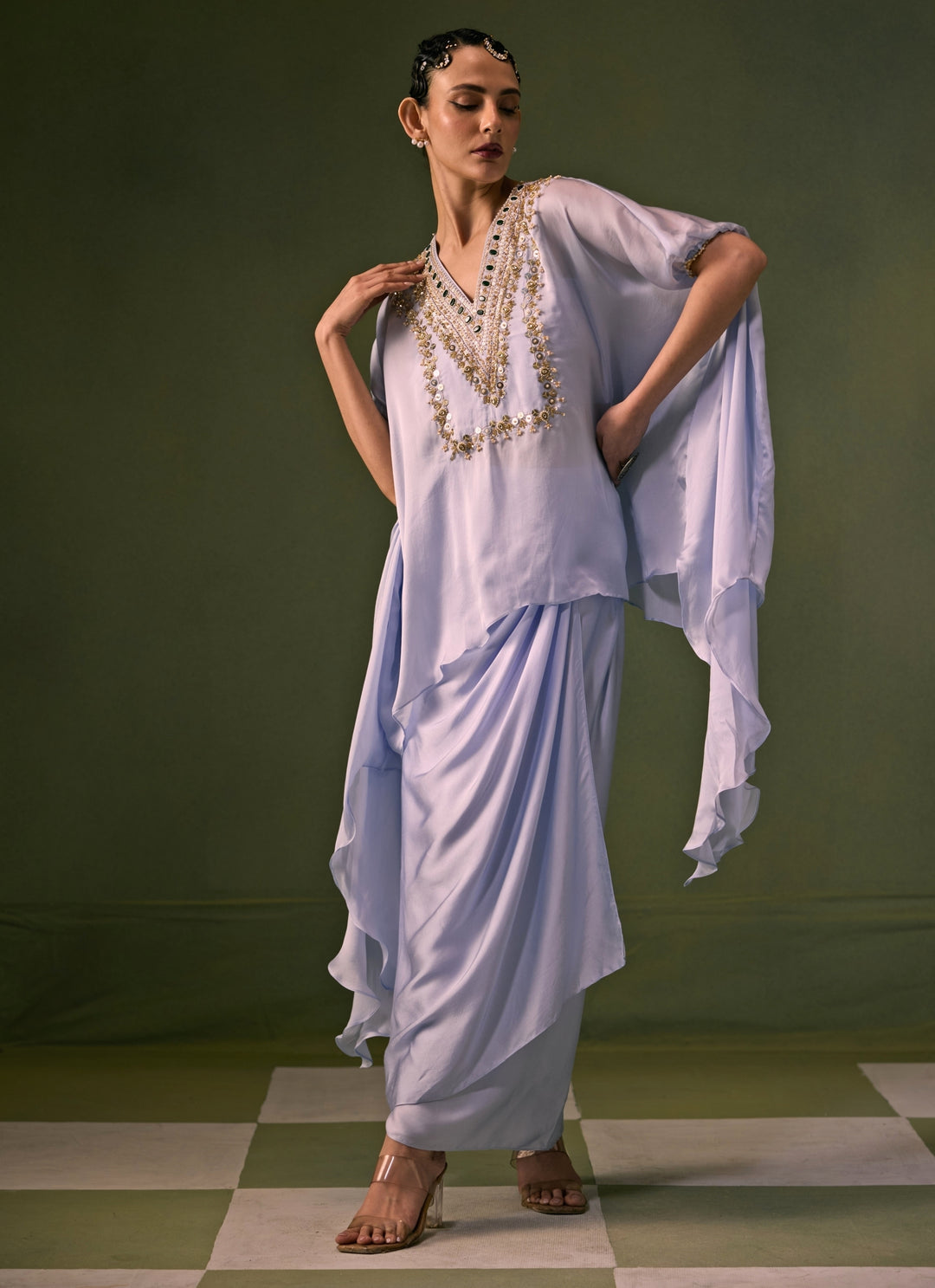 Ice Blue Satin Wrap Skirt Set With Asymmetric Top