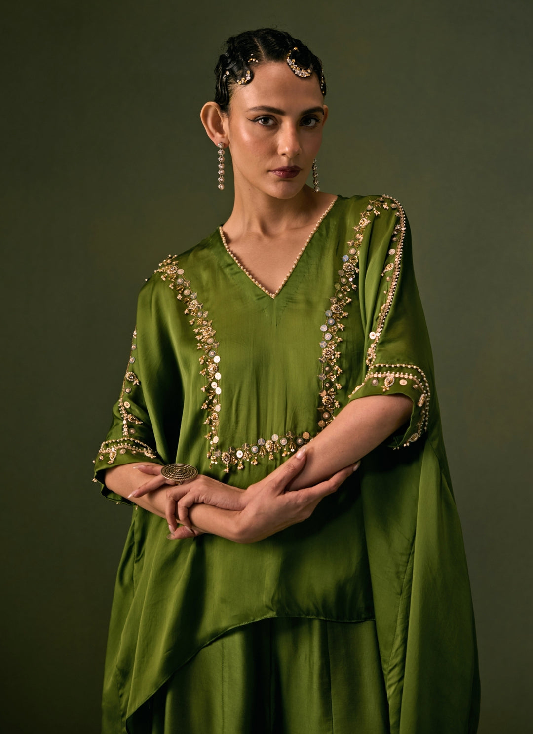 Green Satin Flared Pants Set With Asymmetric Top