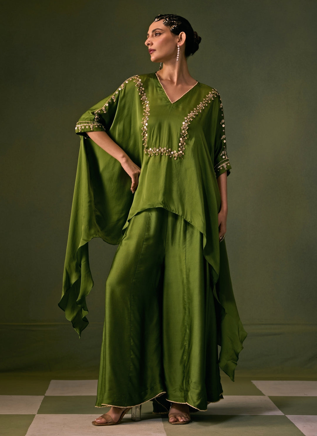 Green Satin Flared Pants Set With Asymmetric Top