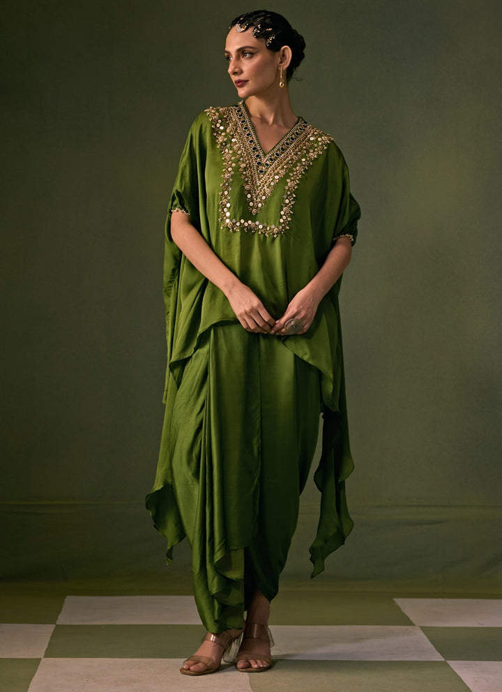 Green Satin Pleated Skirt Set