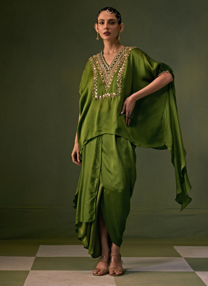 Green Satin Pleated Skirt Set