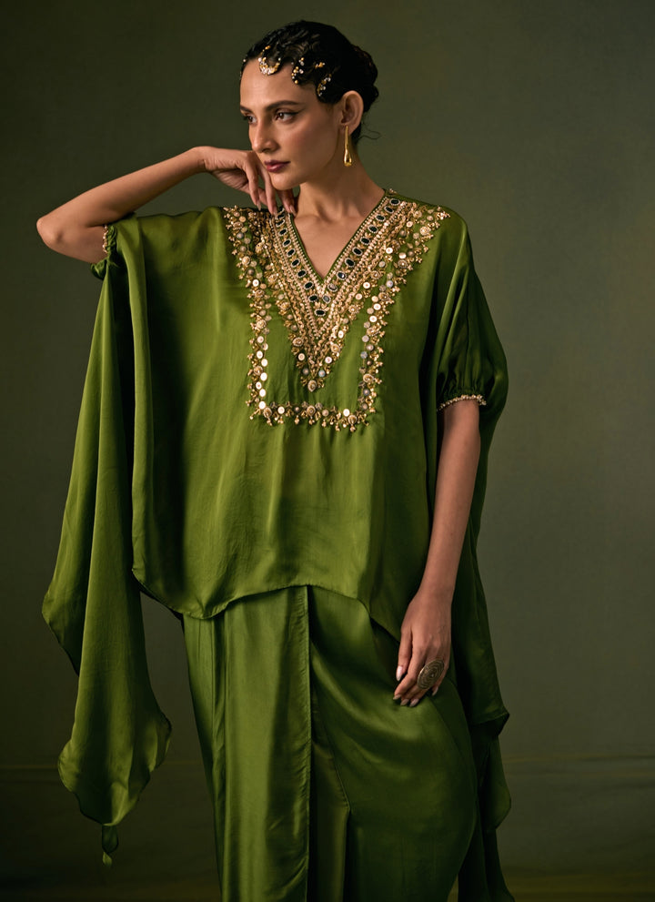 Green Satin Pleated Skirt Set