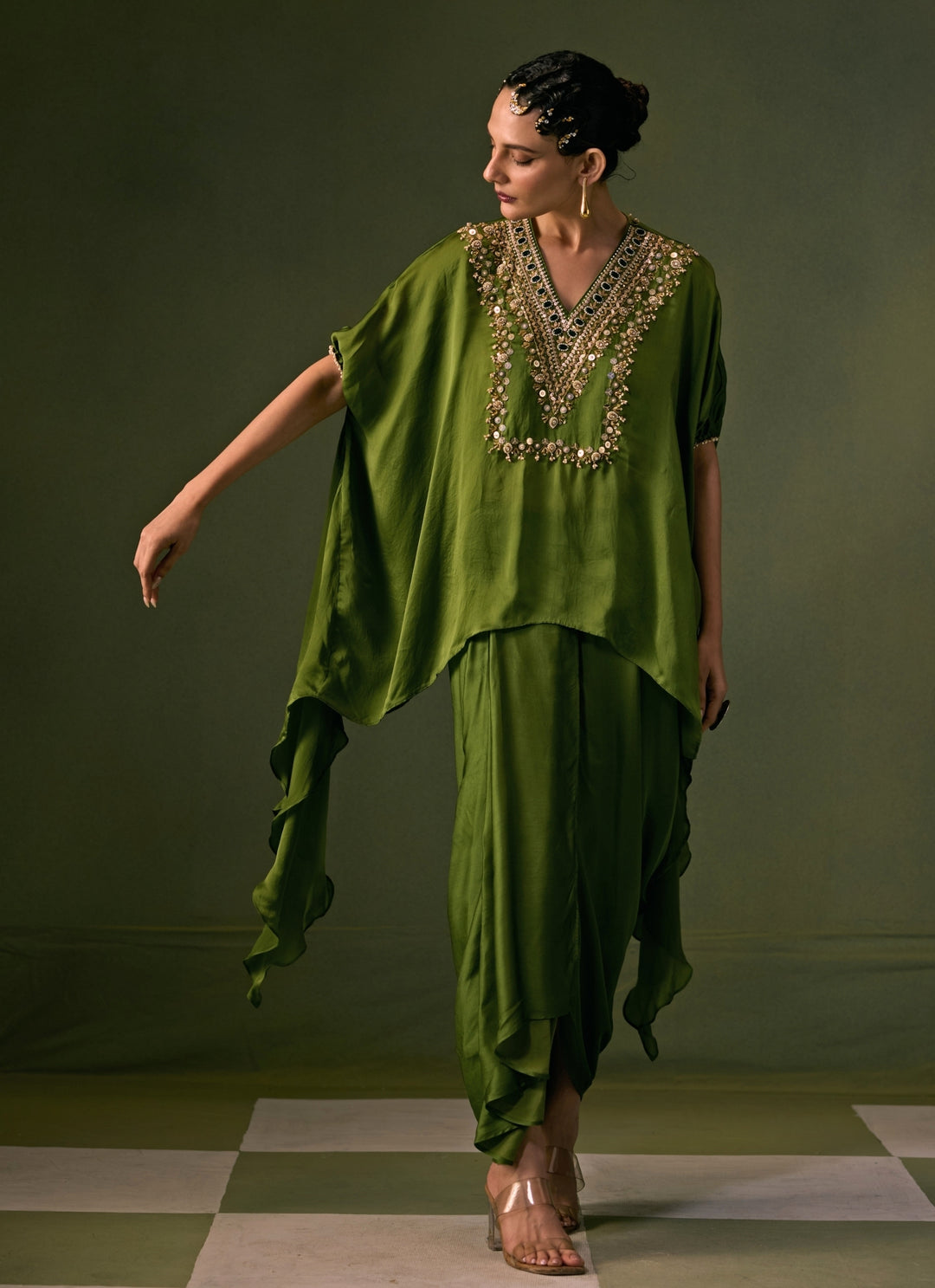 Green Satin Pleated Skirt Set