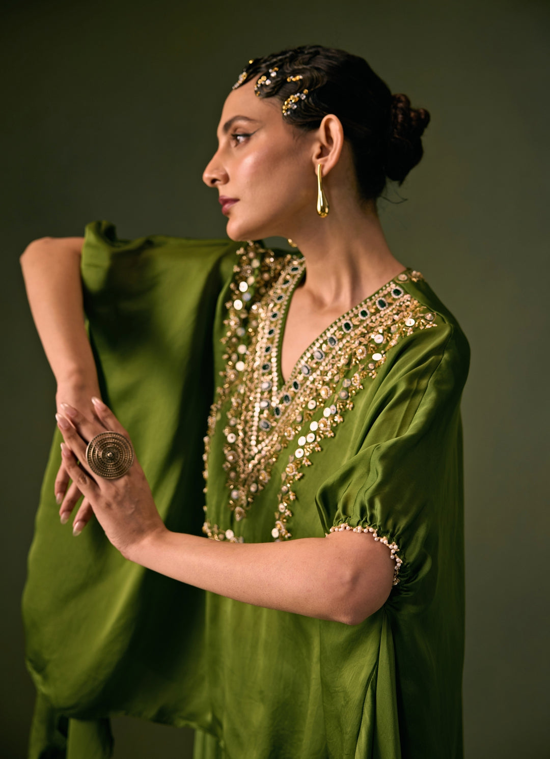 Green Satin Pleated Skirt Set