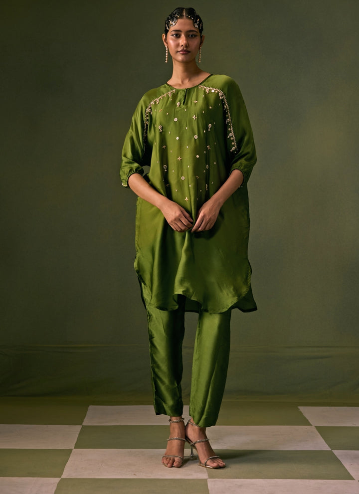 Green Satin Kurta Pants Set