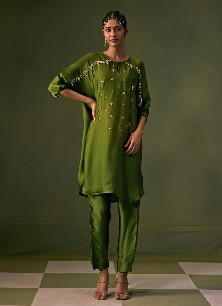 Green Satin Kurta Pants Set