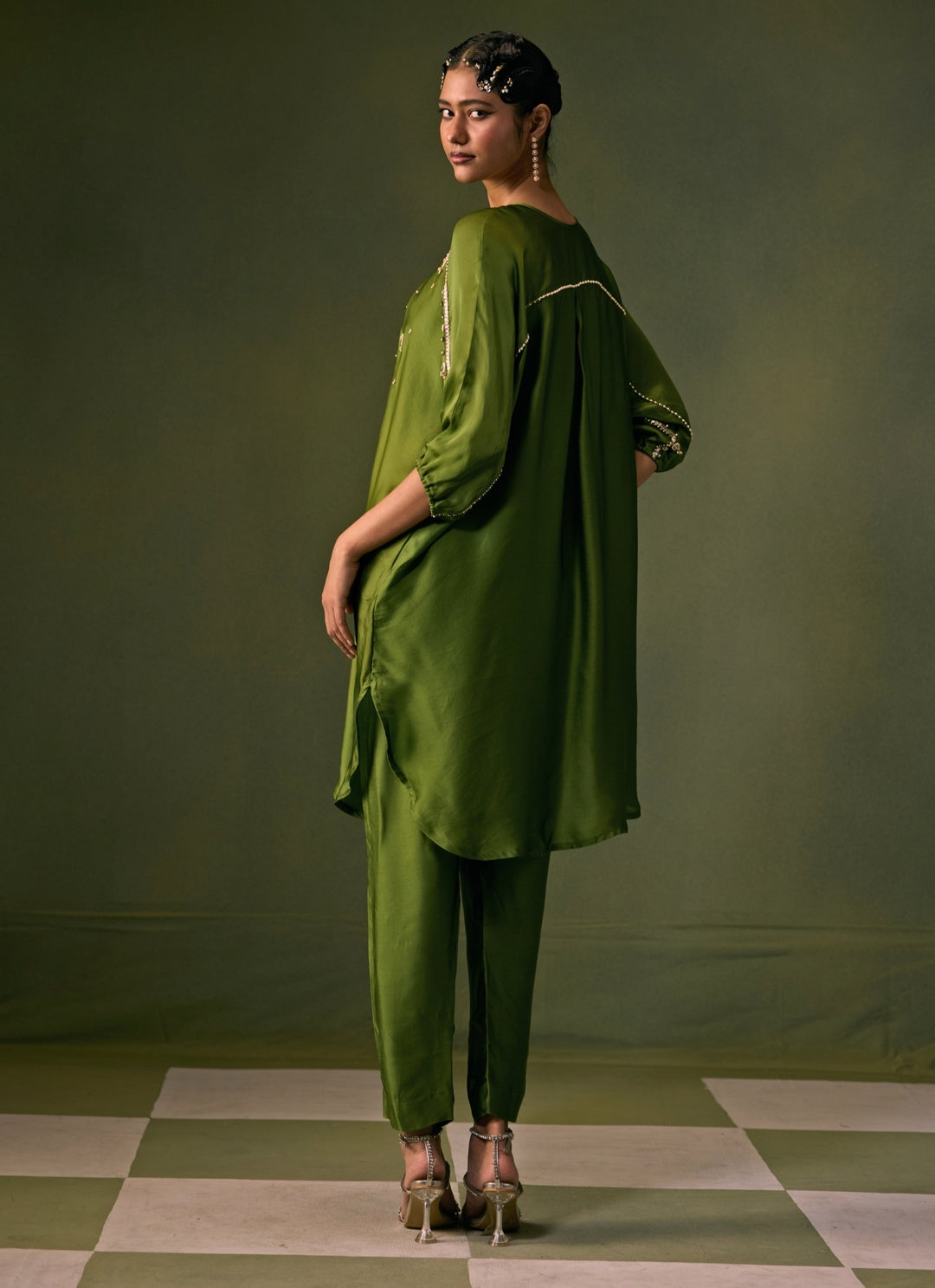 Green Satin Kurta Pants Set