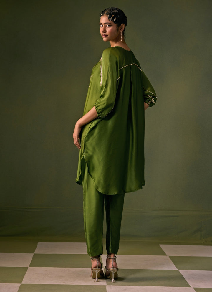 Green Satin Kurta Pants Set