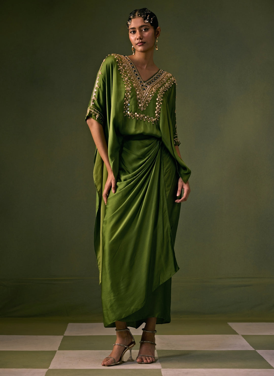 Green Satin Wrap Skirt Set With Asymmetric Top