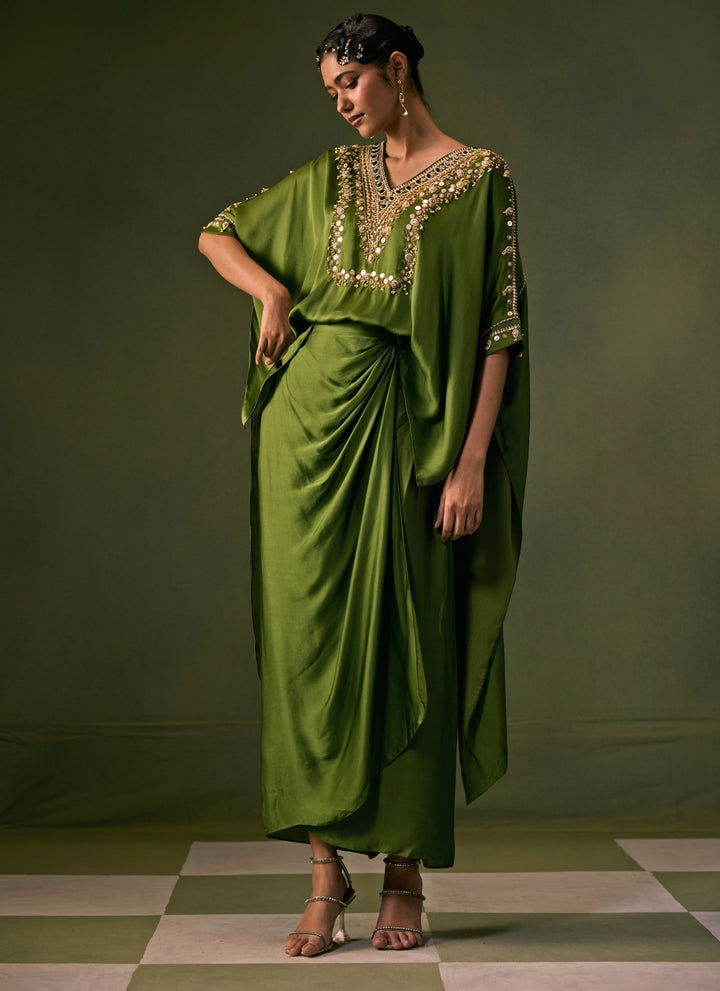 Green Satin Wrap Skirt Set With Asymmetric Top
