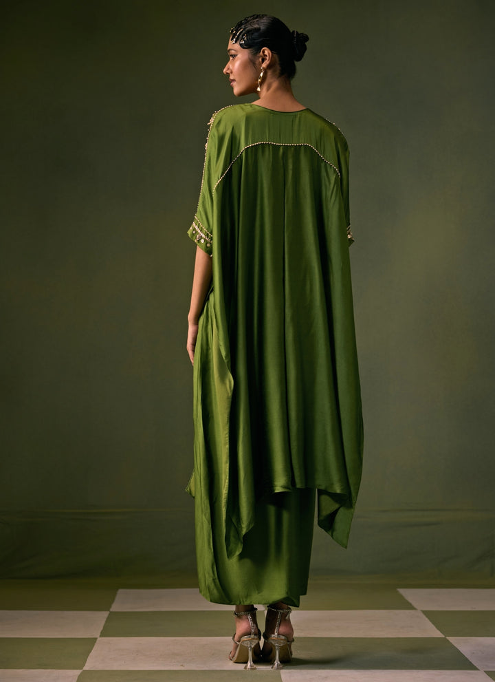 Green Satin Wrap Skirt Set With Asymmetric Top