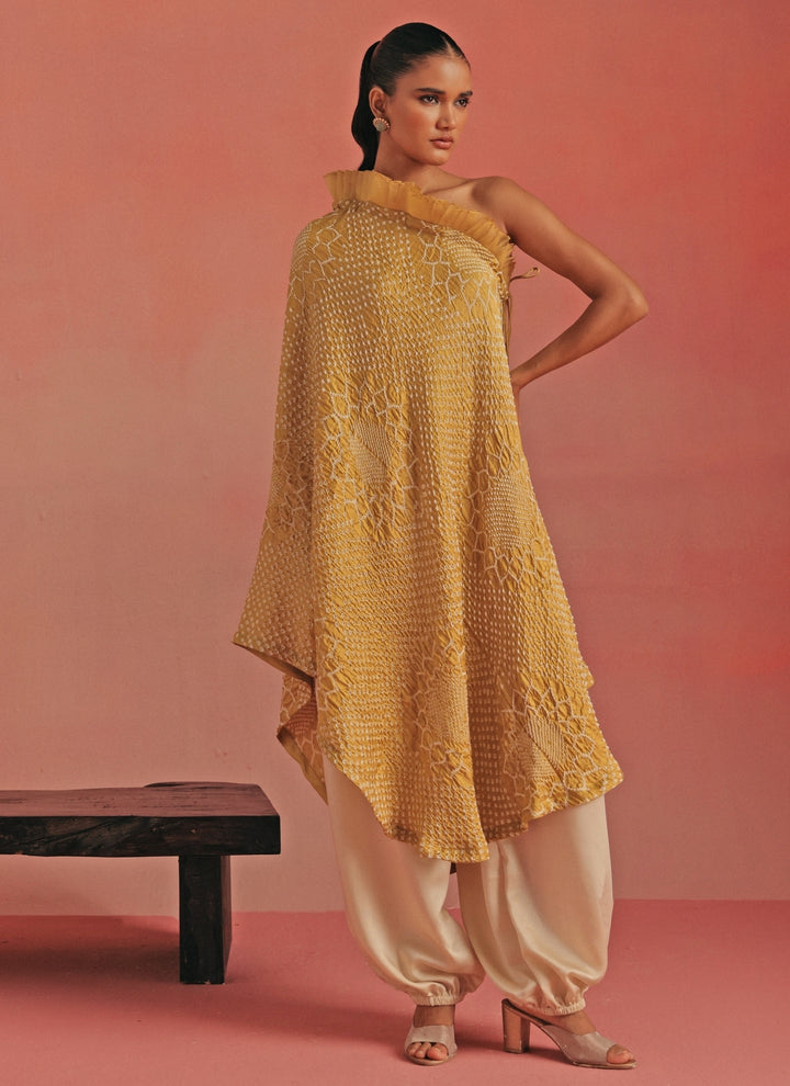 Yellow Bandhani One Shoulder Top And Pants Set
