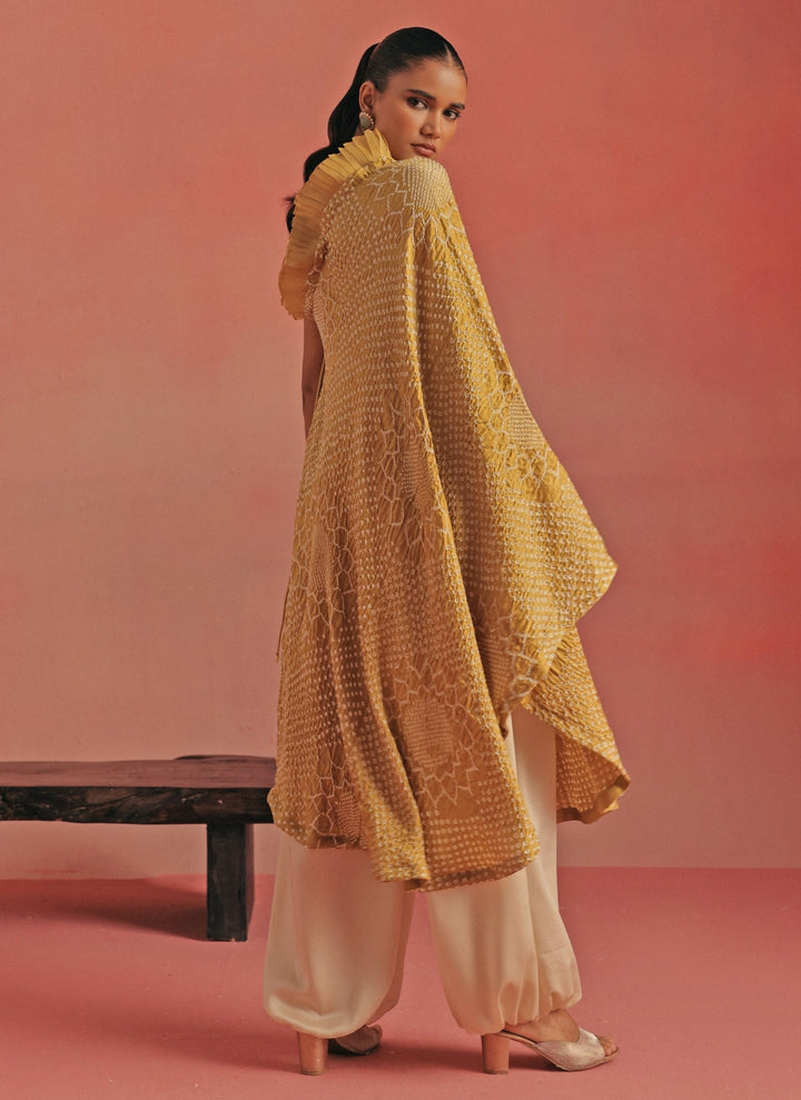 Yellow Bandhani One Shoulder Top And Pants Set