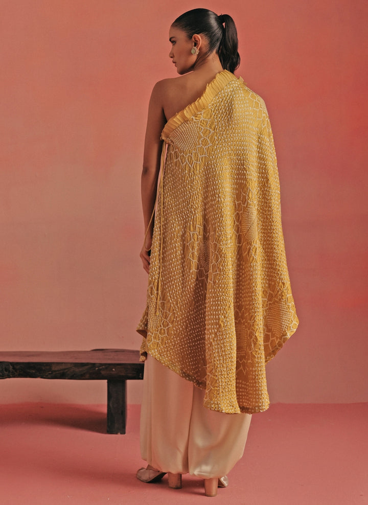 Yellow Bandhani One Shoulder Top And Pants Set